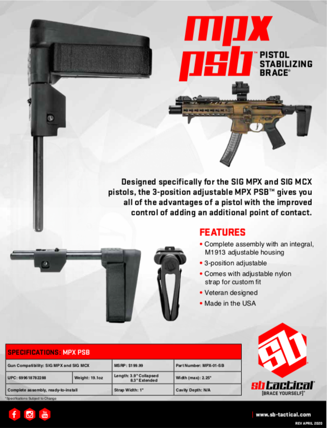 SB Tactical Pistol Stabilizing Brace - MPX